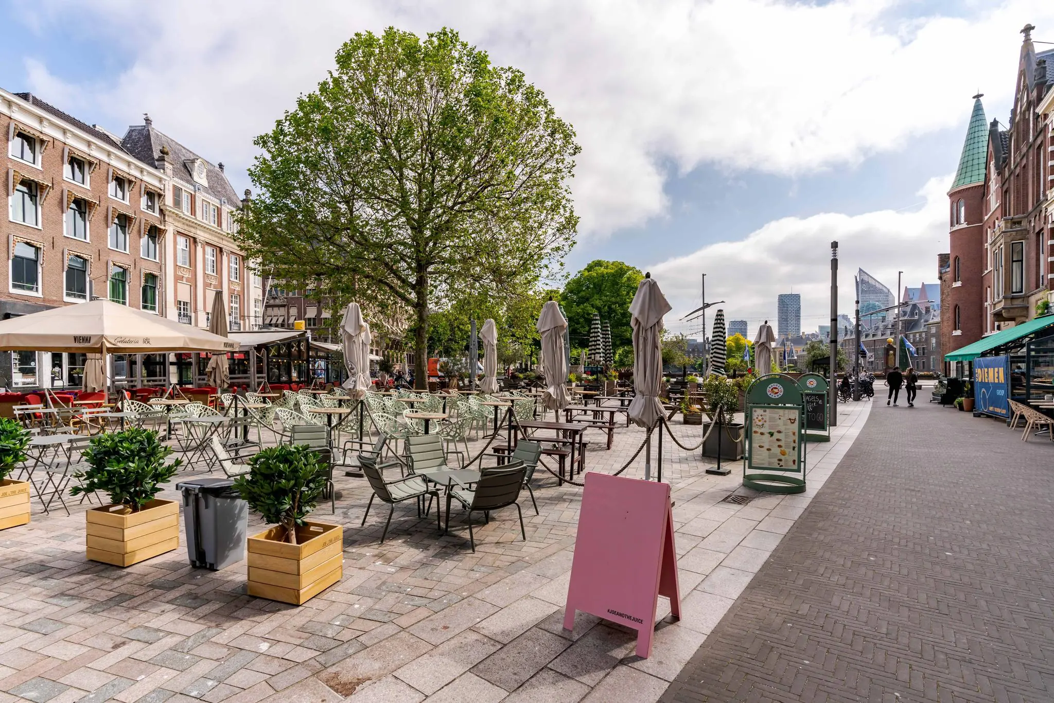 Terras aan de Lange Vijverberg in Den Haag met lege stoelen en tafels onder een grote boom, met de skyline van de stad op de achtergrond.